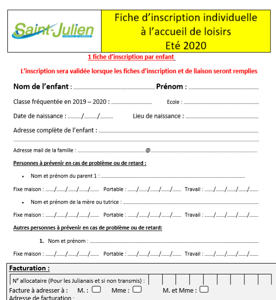 Accueil de loisirs / ÉTÉ 2020  Fiche inscription  Saint Julien